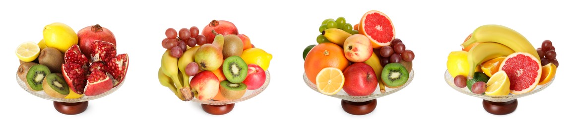 Image of Glass bowl with fresh different fruits isolated on white, collage