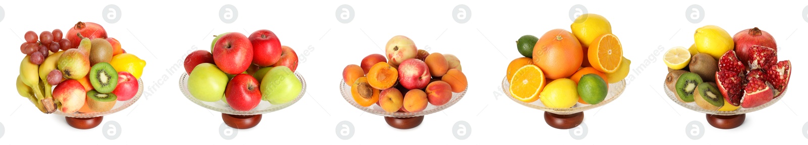 Image of Glass bowl with fresh different fruits isolated on white, collage