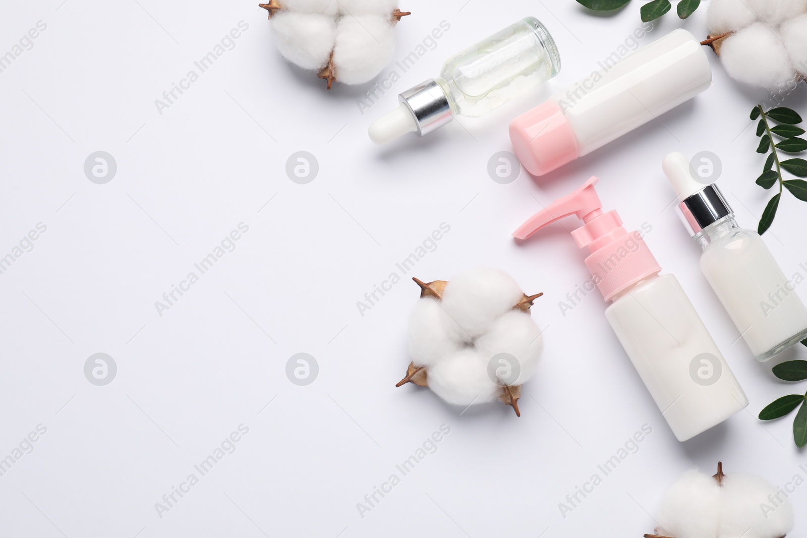 Photo of Different cosmetic products, cotton flowers and leaves on white background, flat lay. Space for text