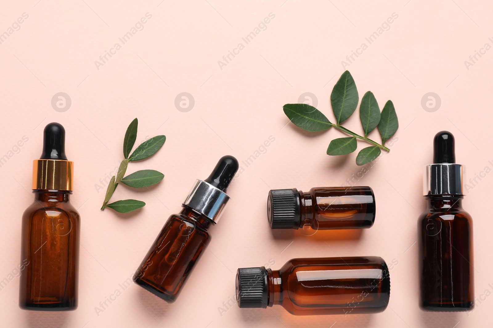 Photo of Different cosmetic products and green leaves on beige background, flat lay