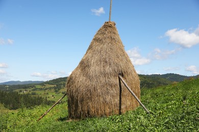 Pile of hay on field under blue sky