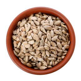 Peeled sunflower seeds in bowl isolated on white, top view