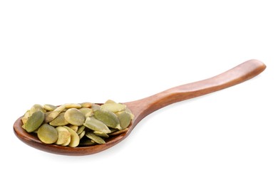 Peeled pumpkin seeds in wooden spoon isolated on white