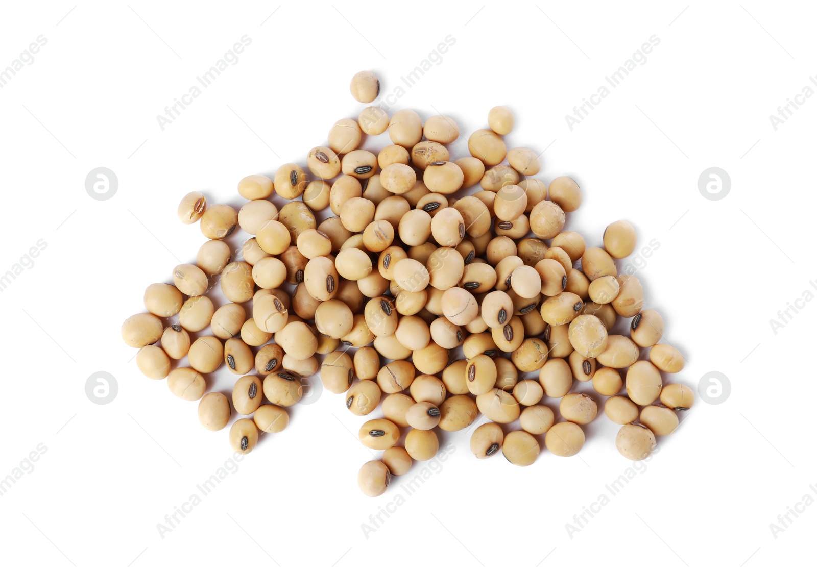 Photo of Many natural soy beans isolated on white, top view