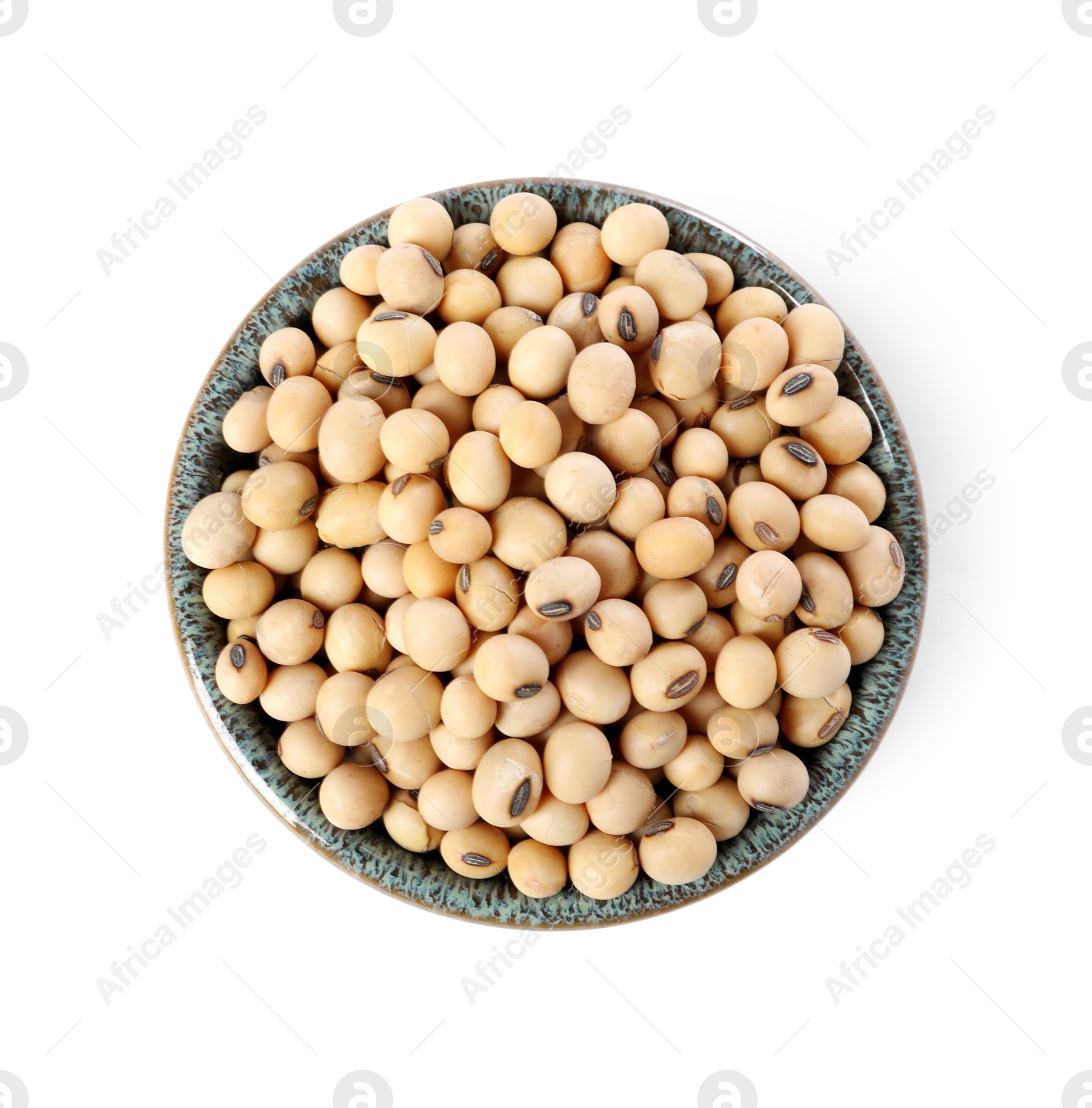 Photo of Soy beans in bowl isolated on white, top view