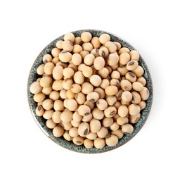 Soy beans in bowl isolated on white, top view