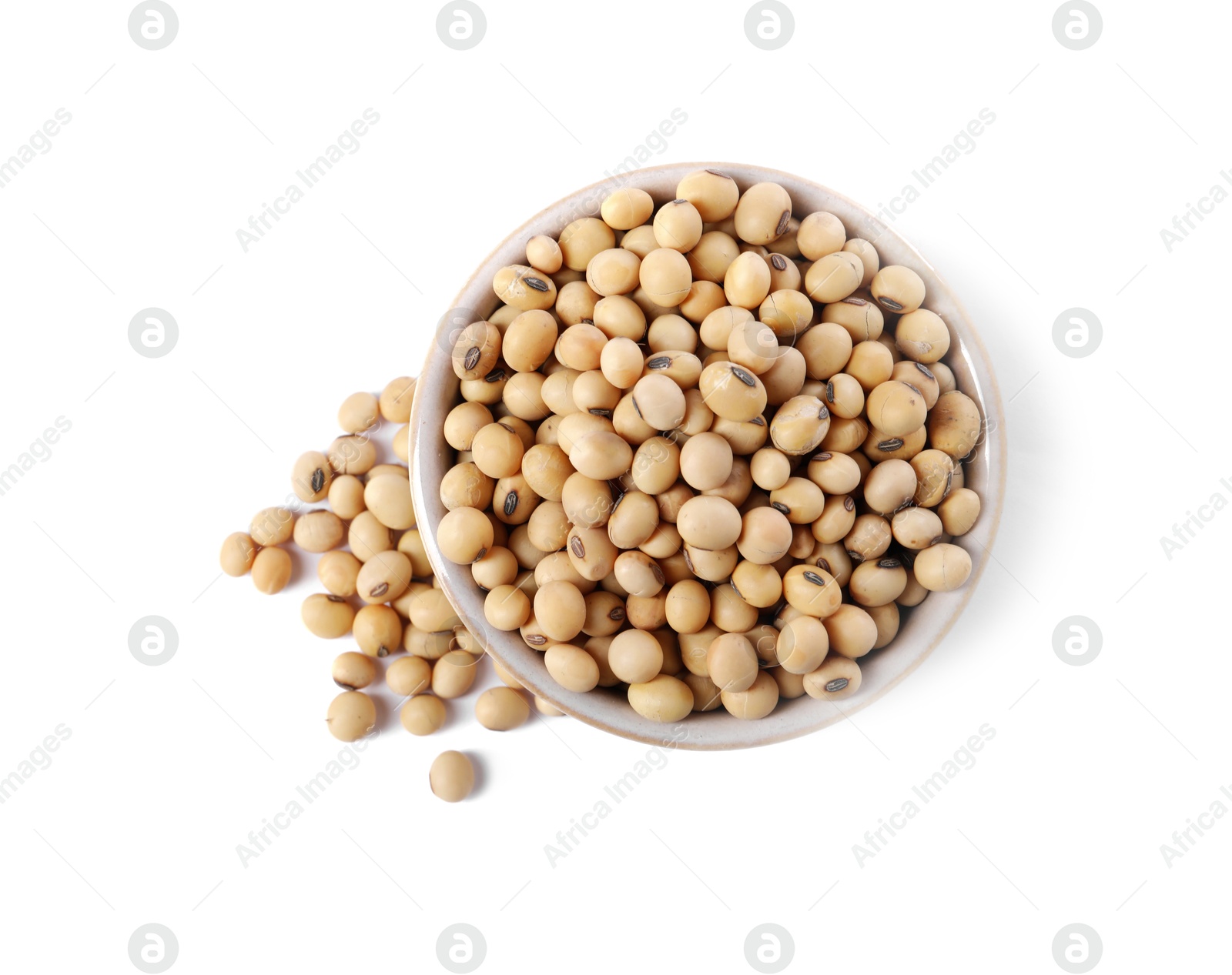 Photo of Soy beans in bowl isolated on white, top view