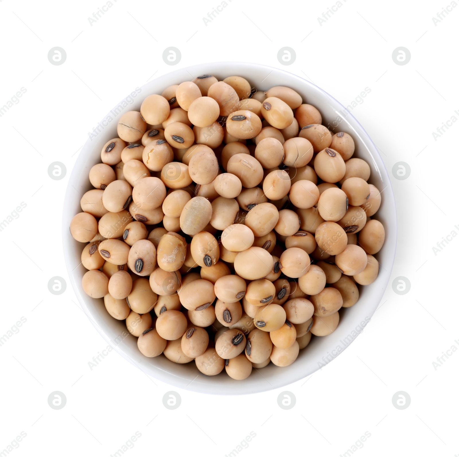 Photo of Soy beans in bowl isolated on white, top view