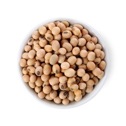 Soy beans in bowl isolated on white, top view