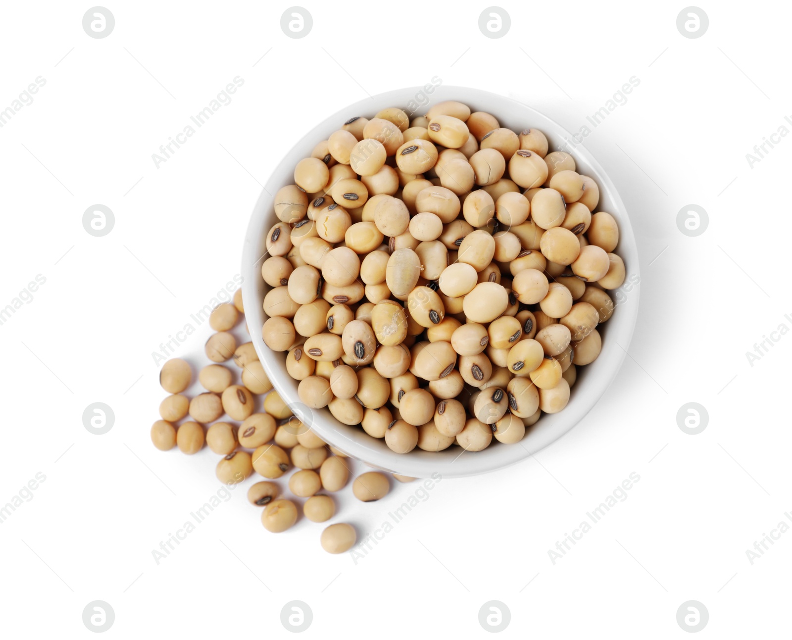 Photo of Soy beans in bowl isolated on white, top view