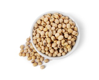 Photo of Soy beans in bowl isolated on white, top view