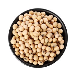 Photo of Soy beans in bowl isolated on white, top view