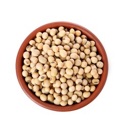 Soy beans in bowl isolated on white, top view