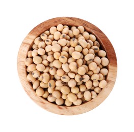 Photo of Soy beans in bowl isolated on white, top view