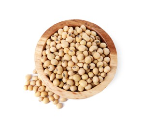 Photo of Soy beans in bowl isolated on white, top view