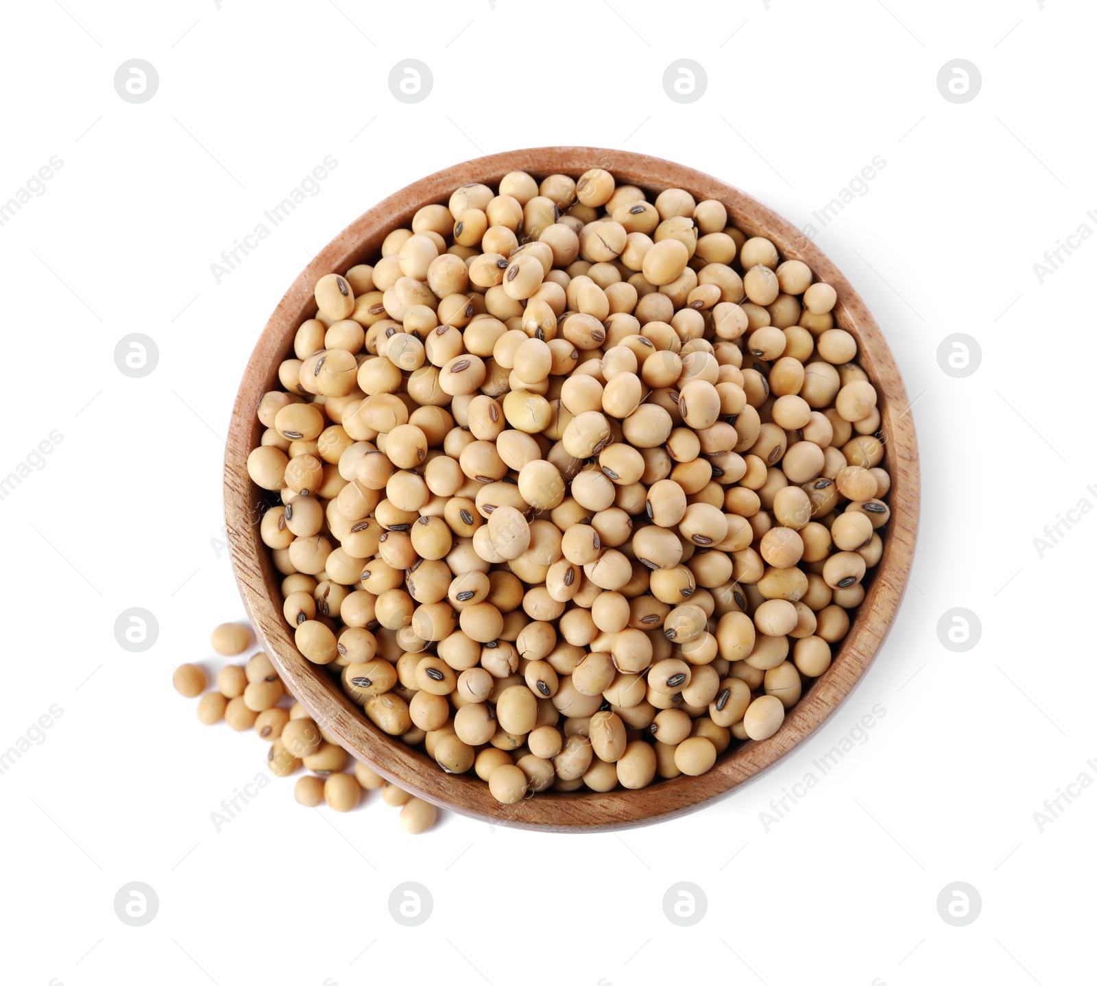 Photo of Soy beans in bowl isolated on white, top view