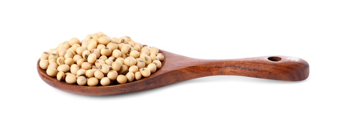 Photo of Spoon with soy beans isolated on white