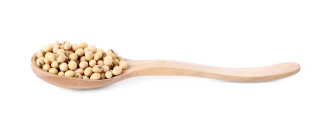 Photo of Spoon with soy beans isolated on white