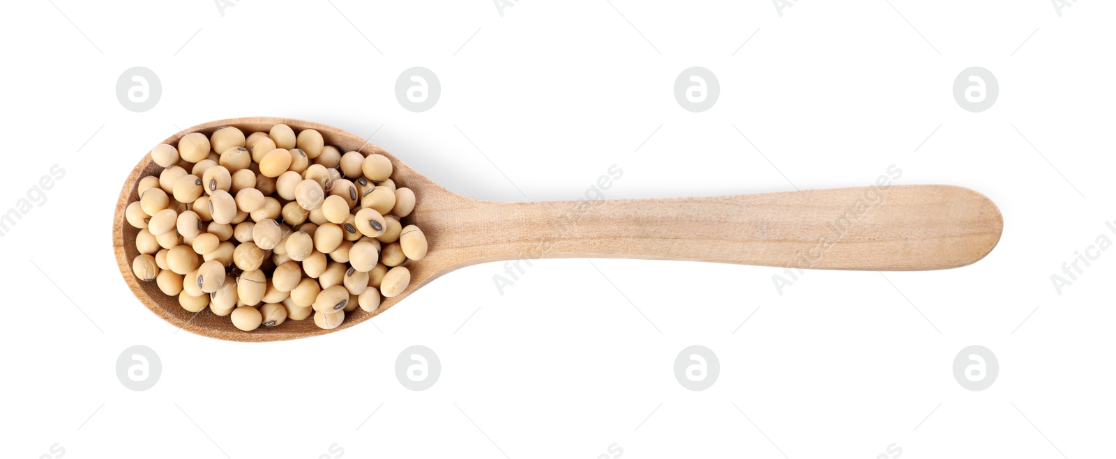 Photo of Spoon with soy beans isolated on white, top view