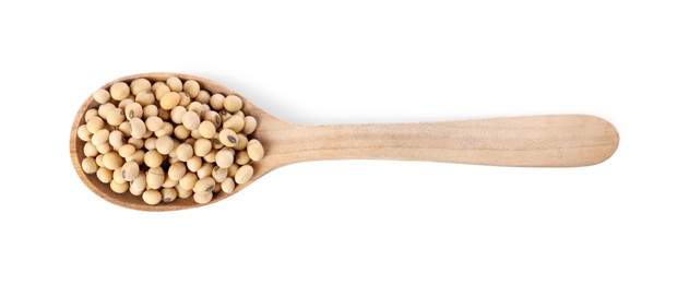 Photo of Spoon with soy beans isolated on white, top view