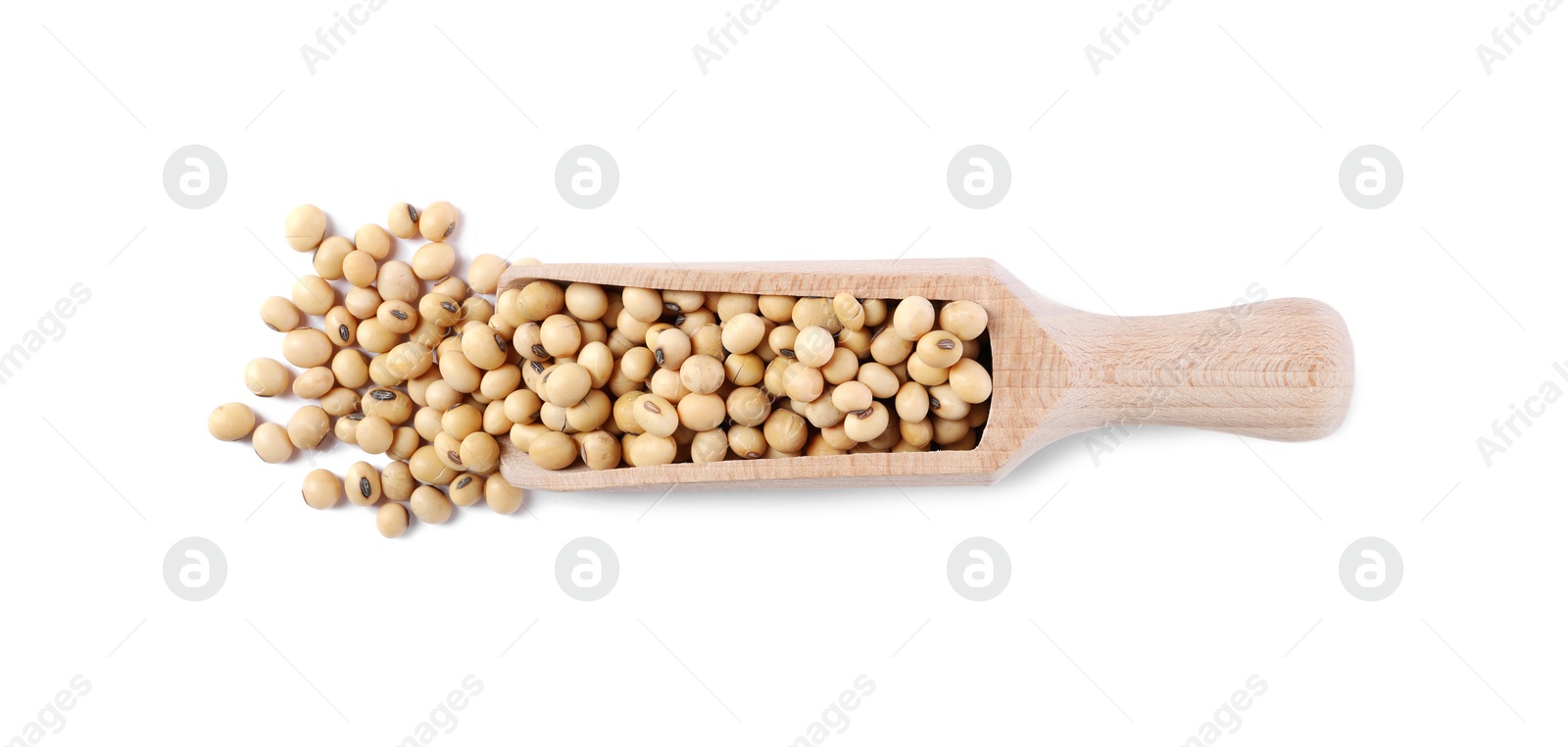 Photo of Scoop with soy beans isolated on white, top view