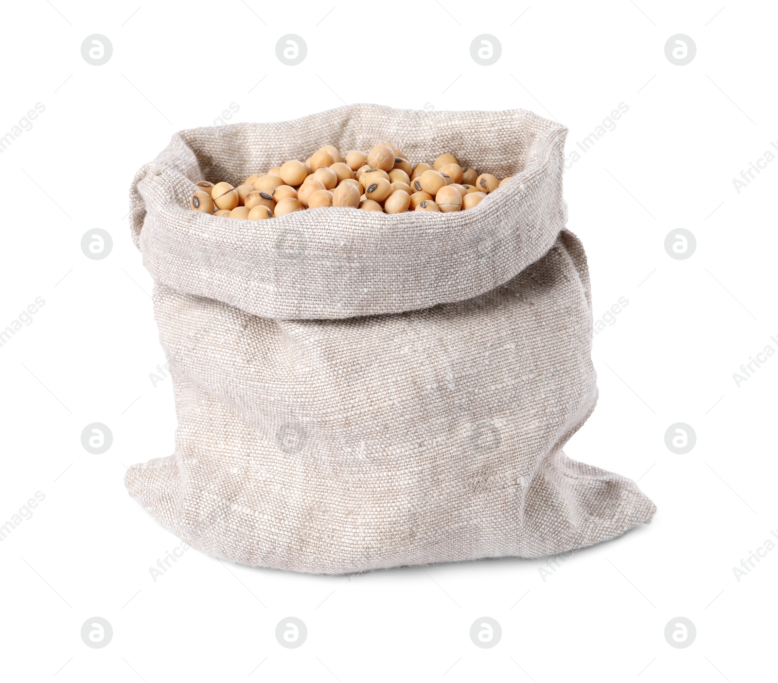 Photo of Soy beans in burlap sack isolated on white