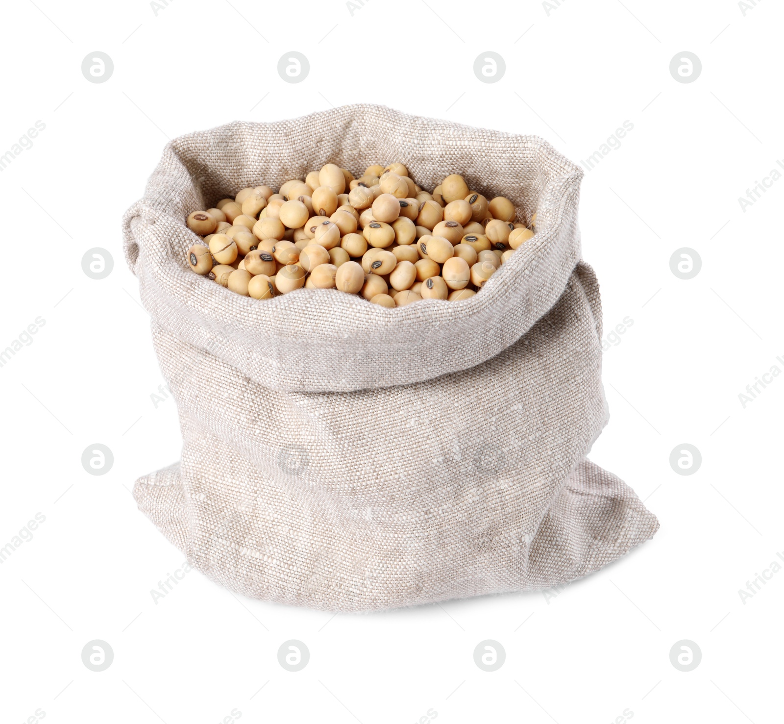 Photo of Soy beans in burlap sack isolated on white