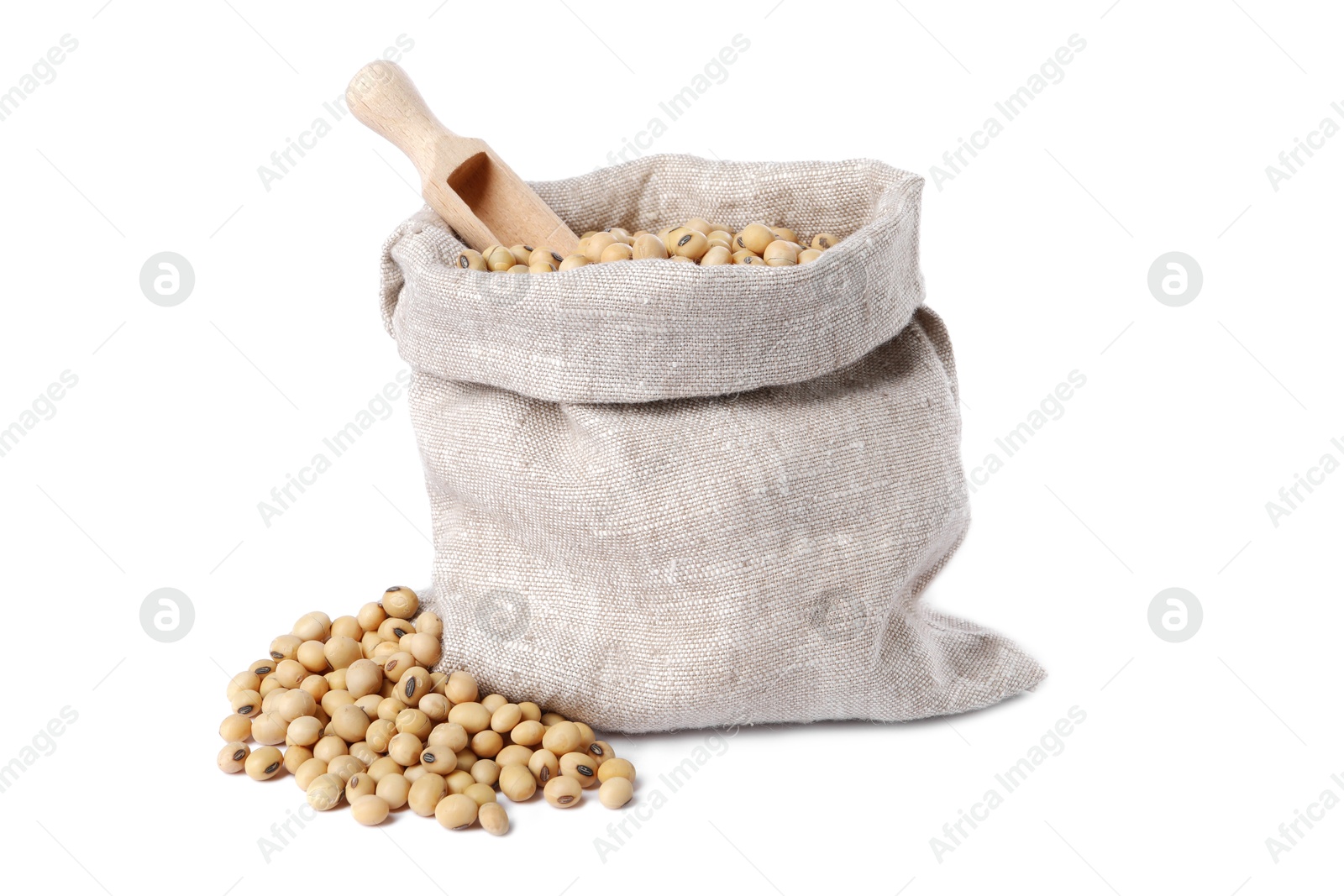 Photo of Soy beans and scoop in burlap sack isolated on white