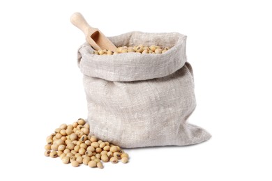 Photo of Soy beans and scoop in burlap sack isolated on white