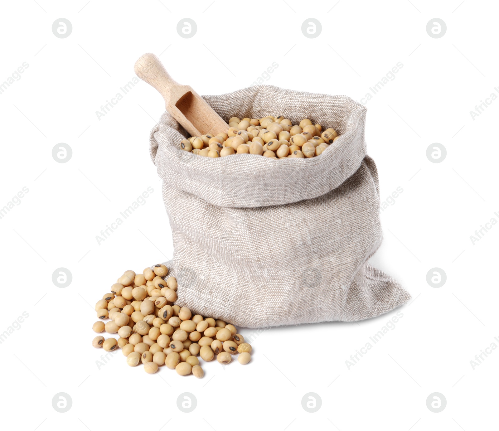 Photo of Soy beans and scoop in burlap sack isolated on white