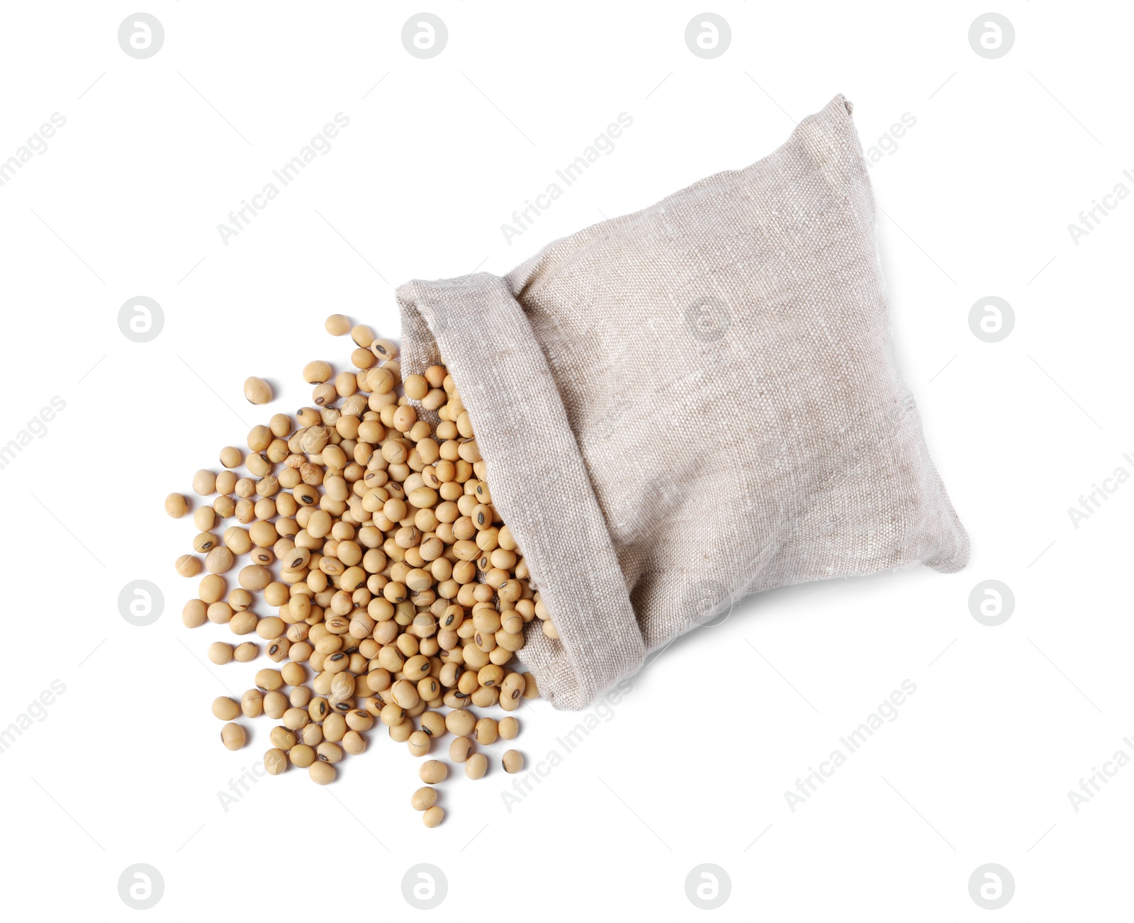 Photo of Soy beans in burlap sack isolated on white, top view