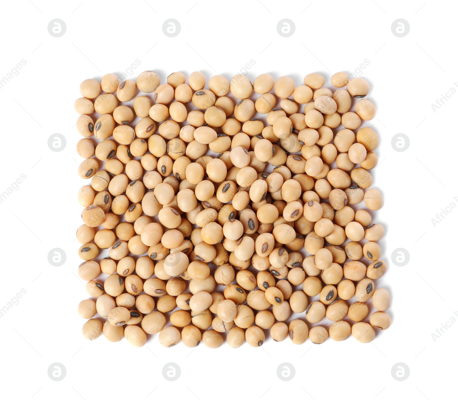 Photo of Many natural soy beans isolated on white, top view