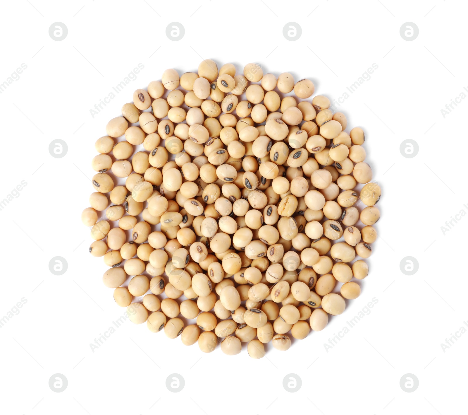 Photo of Many natural soy beans isolated on white, top view