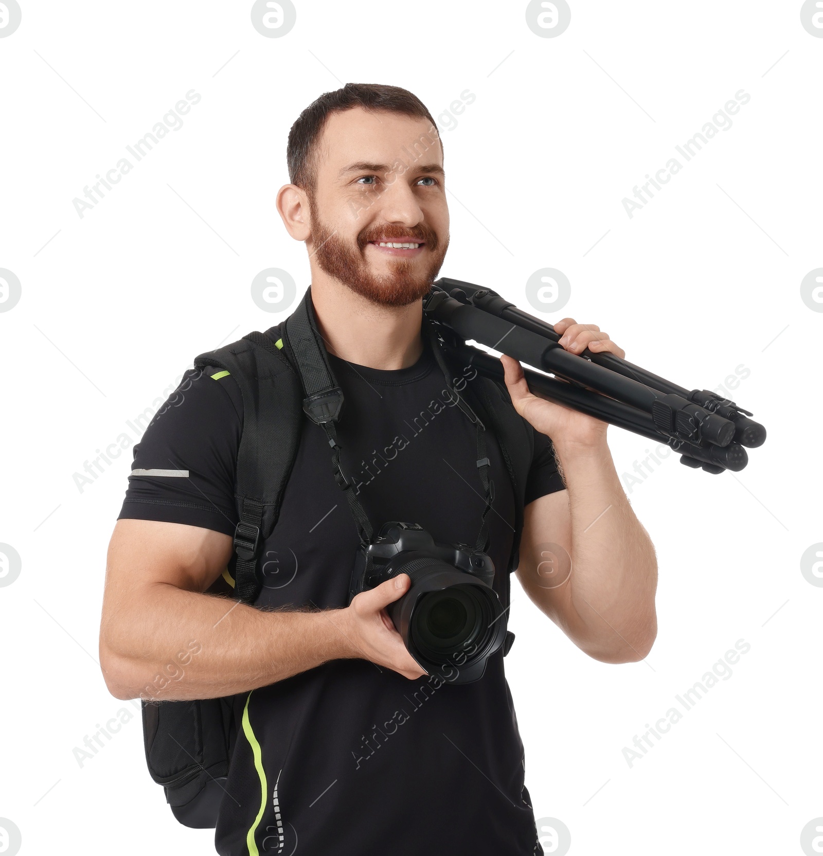 Photo of Photographer with backpack, tripod and camera on white background