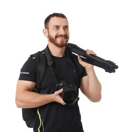 Photo of Photographer with backpack, tripod and camera on white background