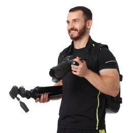 Photo of Photographer with backpack, tripod and camera on white background