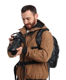 Photo of Photographer with backpack and camera on white background