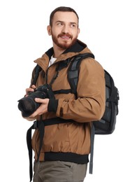 Photographer with backpack and camera on white background