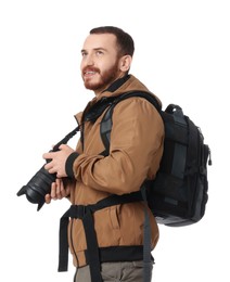 Photographer with backpack and camera on white background