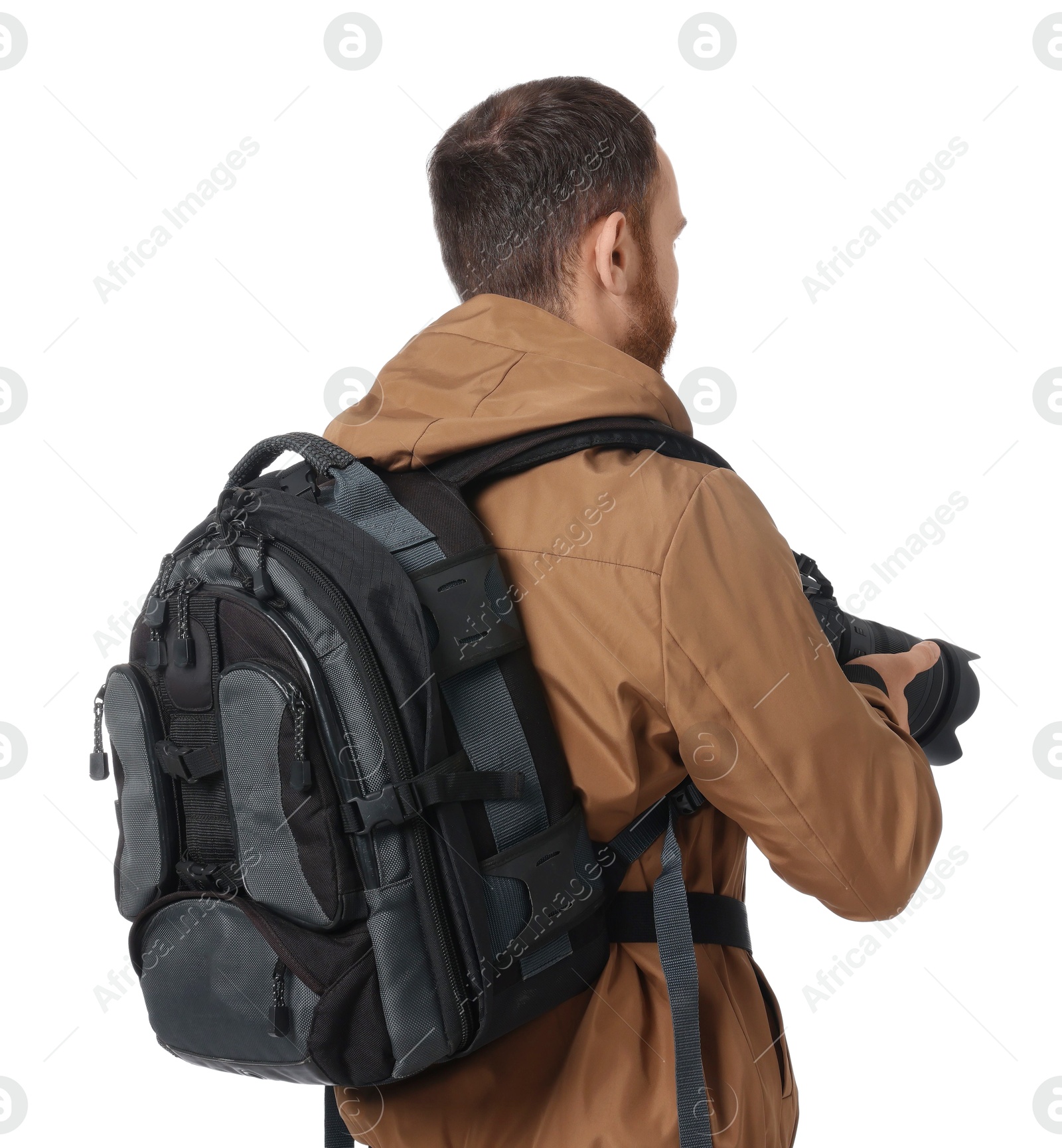 Photo of Photographer with backpack and camera on white background, back view