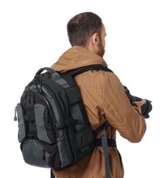 Photo of Photographer with backpack and camera on white background, back view