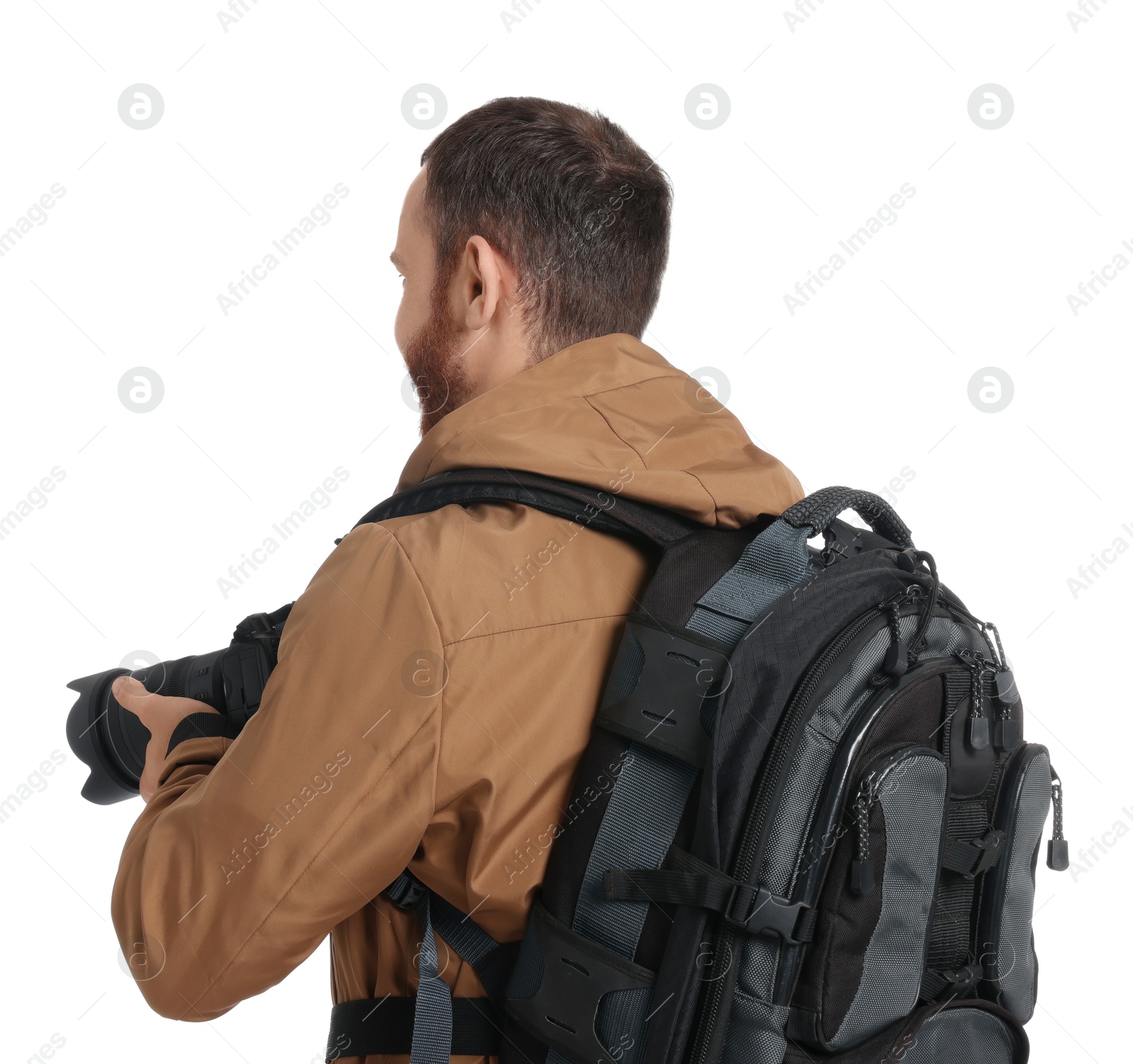 Photo of Photographer with backpack and camera on white background, back view