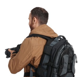 Photo of Photographer with backpack and camera on white background, back view