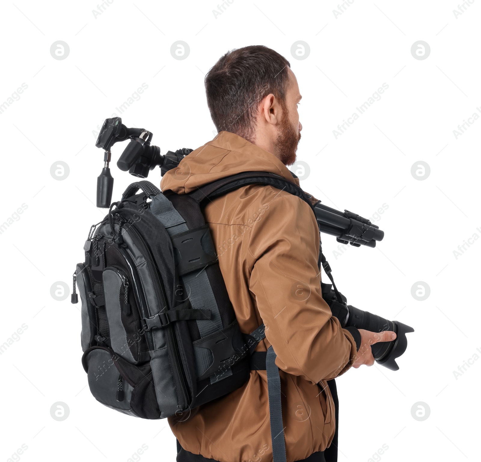 Photo of Photographer with backpack and camera on white background, back view