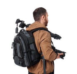 Photographer with backpack and camera on white background, back view