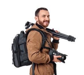 Photographer with backpack and camera on white background