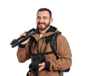 Photographer with backpack and camera on white background