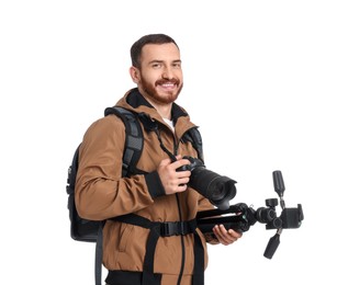 Photo of Photographer with backpack and camera on white background