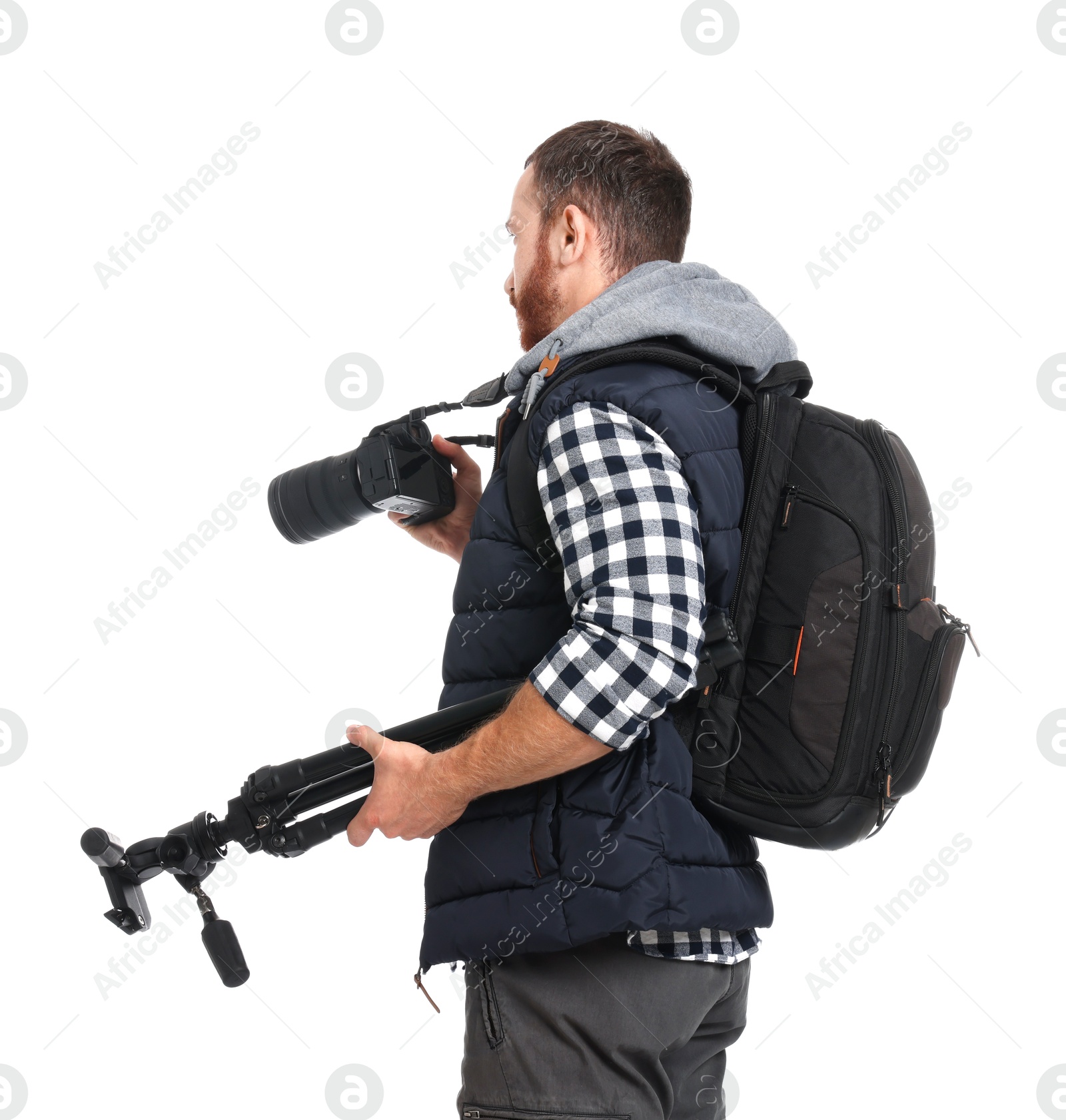 Photo of Photographer with backpack and camera on white background