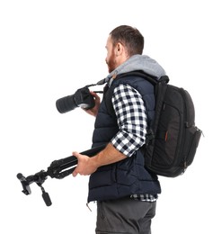 Photo of Photographer with backpack and camera on white background